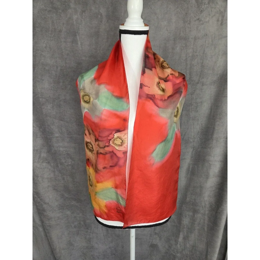 Gorgeous Hand Painted‎ Scarf Artsy Art To Wear Silk 10x56 Gorgeous Unique Red